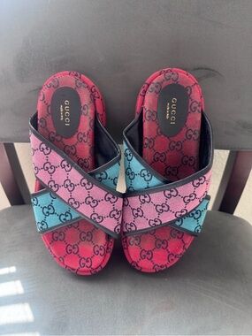 Gucci Multicolor Pink Blue GG Canvas Cross-Strap Sandals